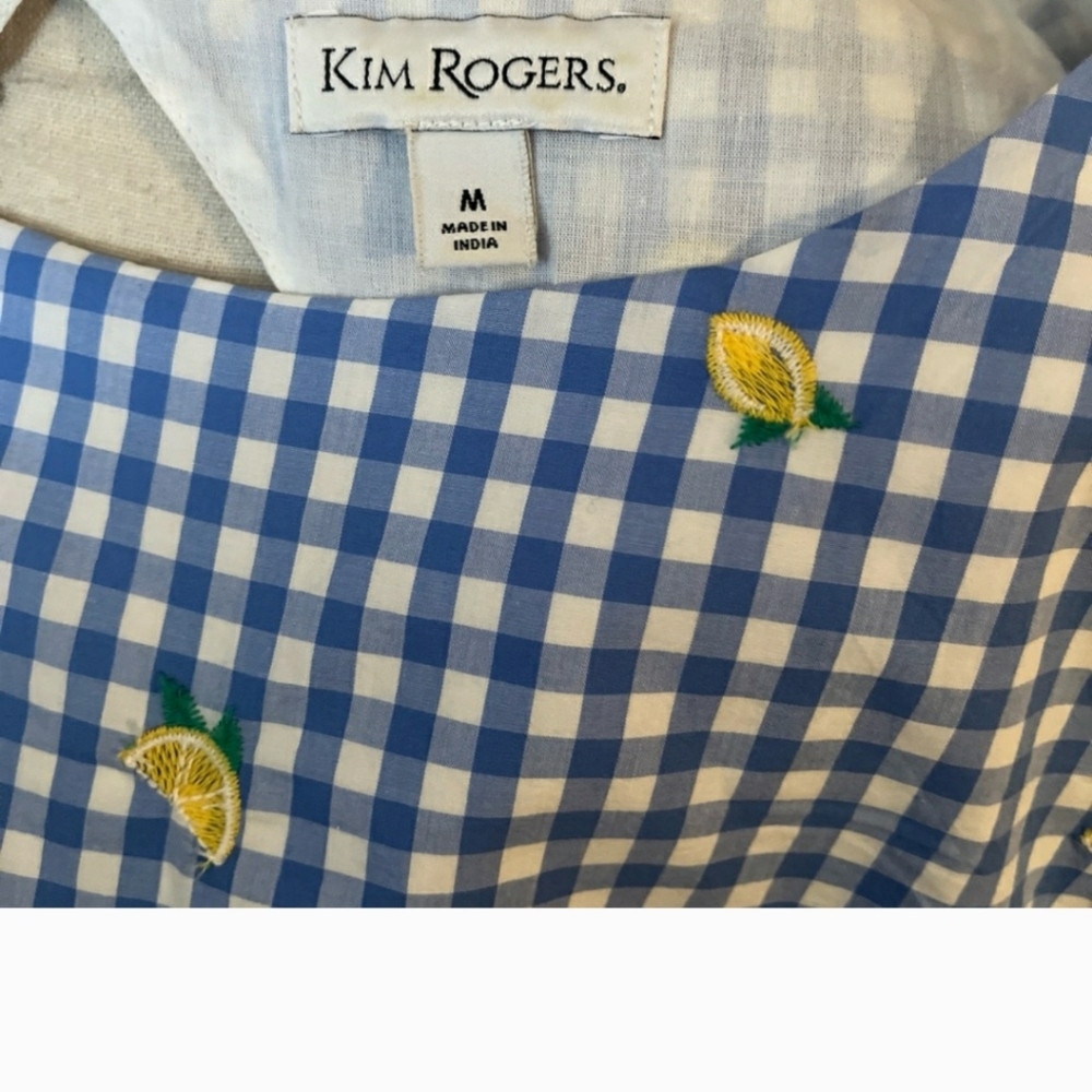 Kim Rogers Blue Gingham Lemon Embroidered Sleeveless Dress sz M - Picture 3 of 8